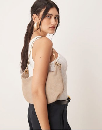 suede pouch clutch with gold hardware in stone