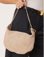 suede pouch clutch with gold hardware in stone