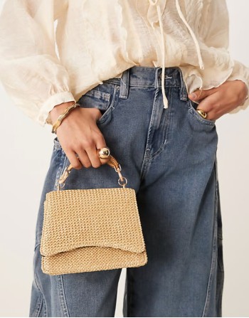 resin and straw top handle crossbody bag in neutral