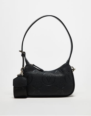 Valentino samba embossed logo shoulder bag with crossbody strap in black