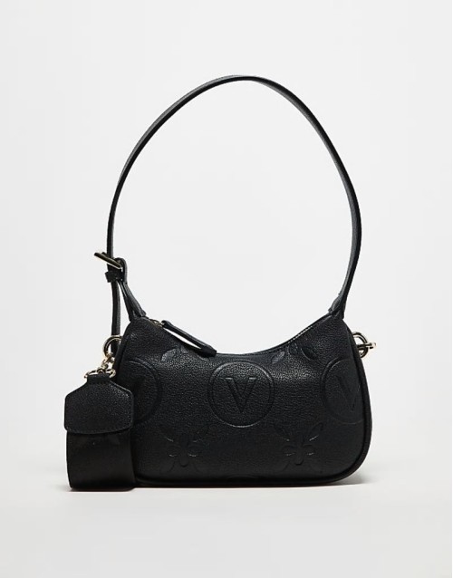 Valentino samba embossed logo shoulder bag with crossbody strap in black