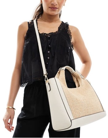 woven top handle handbag in ivory