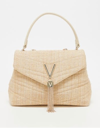 Valentino privilege glitter straw shoulder bag with crossbody strap in natural