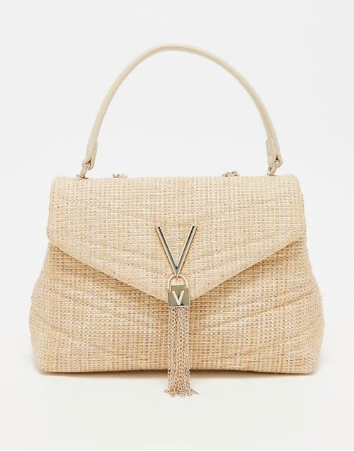 Valentino privilege glitter straw shoulder bag with crossbody strap in natural