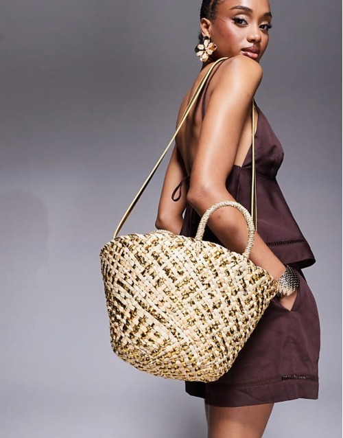 straw basket bag with crossbody strap in silver metallic