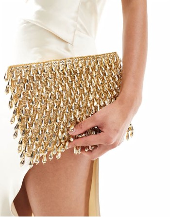 all over beaded zip top clutch bag in gold