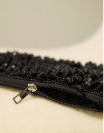 zip top clutch bag in all over beads in black