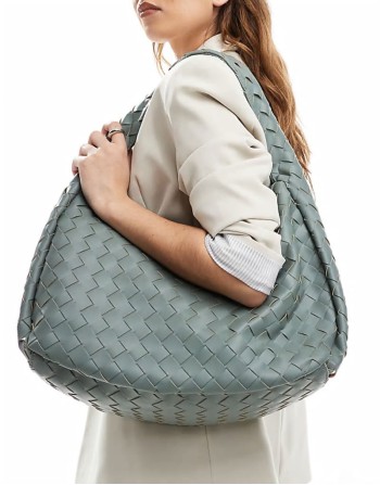 oversized woven shoulder bag in sage green