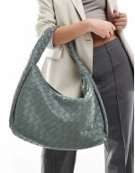 oversized woven shoulder bag in sage green
