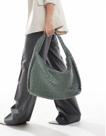 oversized woven shoulder bag in sage green
