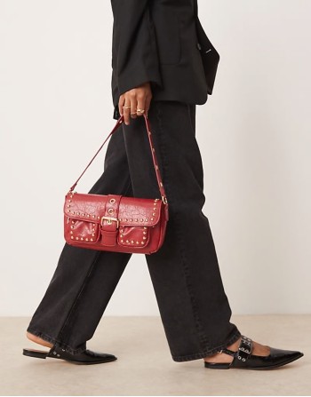studded pocket detail 90s shoulder bag in burgundy
