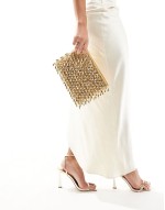 all over beaded zip top clutch bag in gold