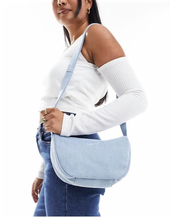 denim shoulder bag with logo in light blue