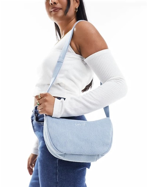 denim shoulder bag with logo in light blue