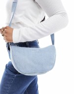 denim shoulder bag with logo in light blue