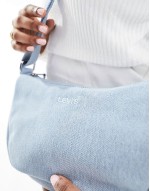 denim shoulder bag with logo in light blue
