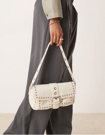 studded pocket detail 90s shoulder bag in cream