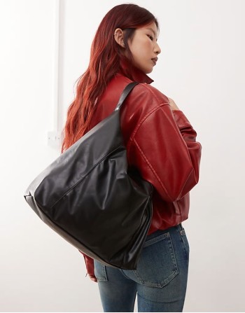 slouchy faux leather shoulder tote bag in black
