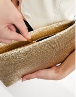 metallic textured zip top clutch bag in gold