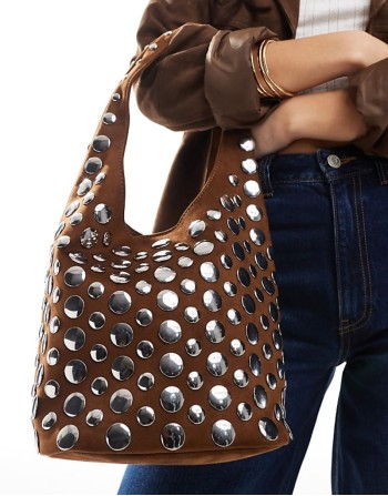 studded shoulder bag in brown