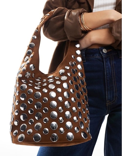 studded shoulder bag in brown
