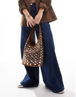 studded shoulder bag in brown