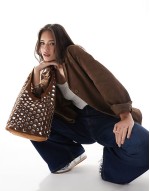 studded shoulder bag in brown