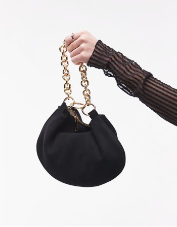 Gemima chain handle suede clutch bag in black