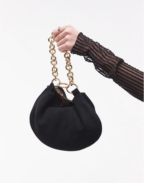 Gemima chain handle suede clutch bag in black