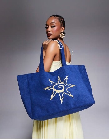 sun motif towelling tote bag in dark navy blue