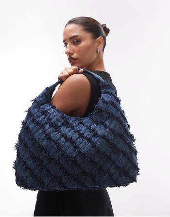 crafted braided fringing denim tote bag in midwash blue