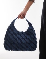 crafted braided fringing denim tote bag in midwash blue