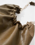 ruched opening tote bag with chain handle in khaki