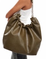 ruched opening tote bag with chain handle in khaki