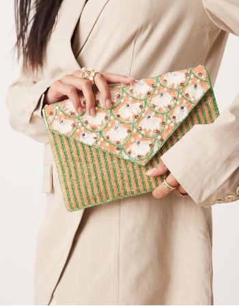 floral beaded envelope clutch bag in pink and green