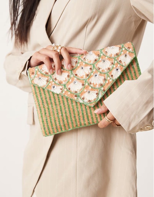 floral beaded envelope clutch bag in pink and green