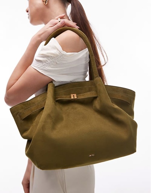 Hana medium faux suede tote bag in olive green