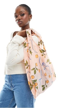 nylon shopper tote bag in apricot ribbon print
