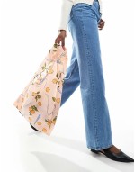 nylon shopper tote bag in apricot ribbon print