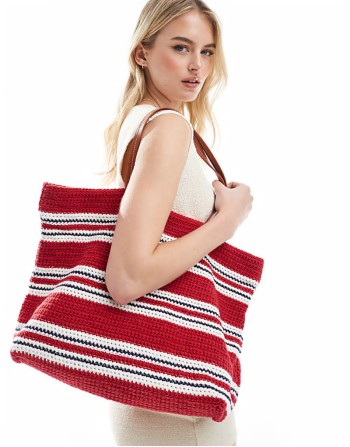 hand crochet knit tote bag in red and blue stripe