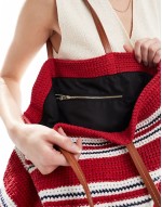hand crochet knit tote bag in red and blue stripe