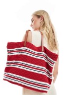 hand crochet knit tote bag in red and blue stripe