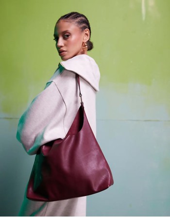 Premium leather scoop tote bag in burgundy