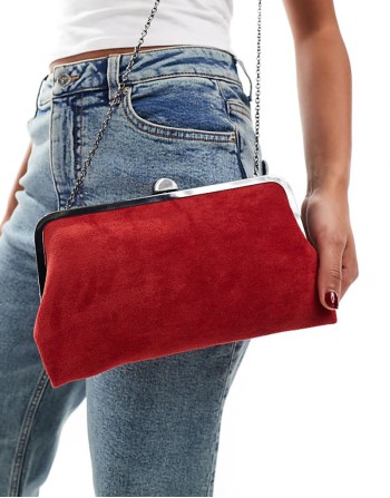 suedette clip frame clutch bag in red
