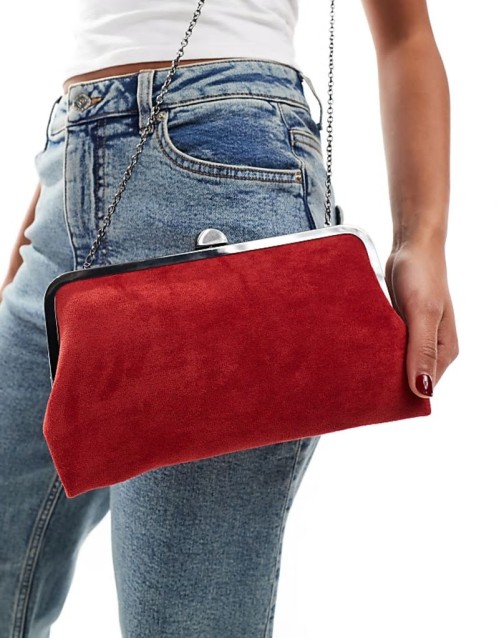 suedette clip frame clutch bag in red
