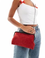 suedette clip frame clutch bag in red