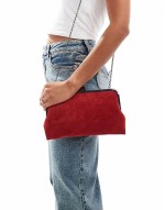suedette clip frame clutch bag in red