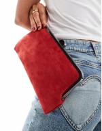 suedette clip frame clutch bag in red